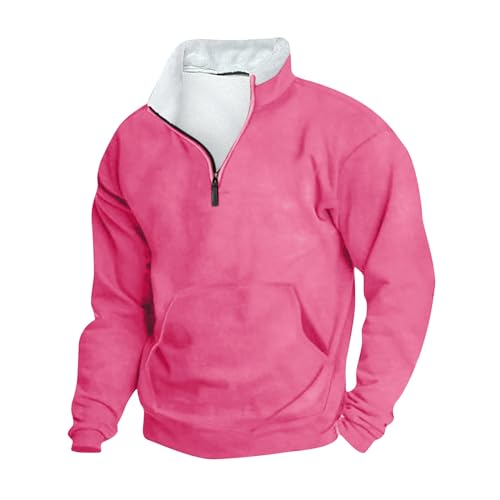 Blczomt Overnight Delivery Items Men's Casual Vintage Pullover Shirts Solid Color Long Sleeve Sweaters Fleece Stand Collar 1/4 Zip Hoodie Sweatshirts Men’S Hoodies Delivery Today Items Prime Pink Xl