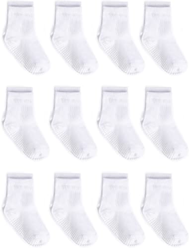 ZAPLES Baby Non Slip Grip Crew Socks with Anti Skid Soles for Infants Toddlers Kids Boys Girls, White, 12-36 Months