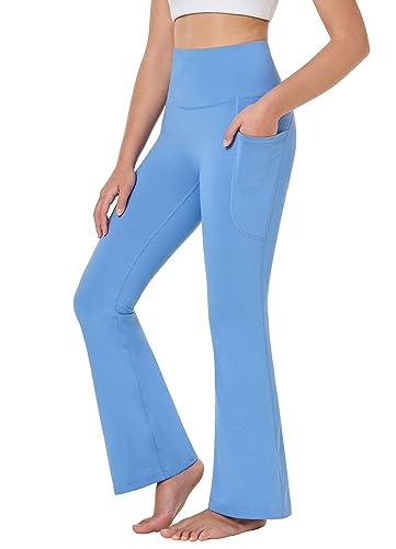 BALEAF Girls' Flare Leggings with Pockets Seamless High Waist Flared Yoga Pants Tummy Control Bell Bottoms for Girls Yoga Dance Casual Light Blue M