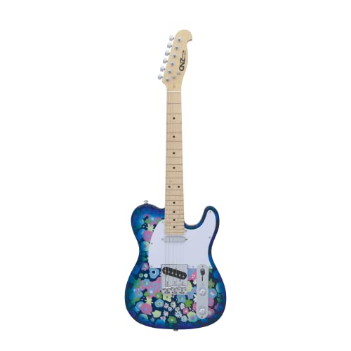 CNZ Audio TL Mini Electric Guitar - Blue Flower Gloss Finish, 3 Ply White Pickguard, 3/4 Short Scale, 7/8 size Guitar, 2 Single Coil Pickups, Maple Neck & Fretboard, Classic Look & Feel