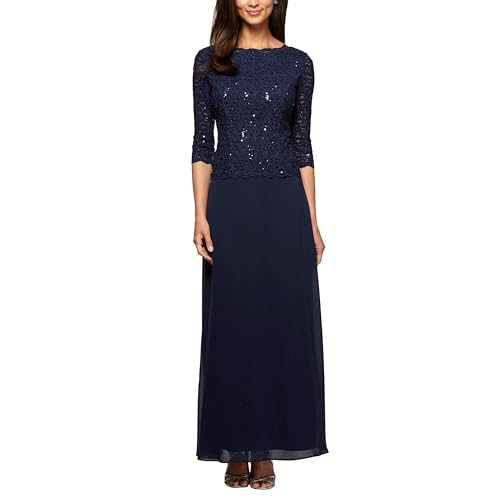 Alex Evenings Women's 3/4 Sleeve Stretch Lace Bodice Mock One Piece Gown, Navy, 12P