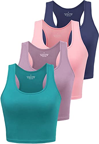 Joviren 4-Pack Cotton Crop Tank Tops for Women - Racerback Yoga & Athletic Shirts - Navy, Teal, Blue, Purple, Pink - L