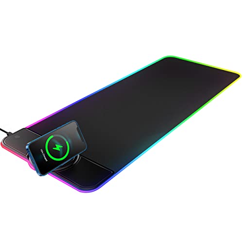 VEWINGL RGB Large Gaming Mouse Pad with Wireless Chargering, 15W LED Big Keyboard Mousepads Mat, Premium Microfiber Cloth, Non-Slip Base, Spill-Resistant Computer Desk Pad Mat,31.5' × 11.81'