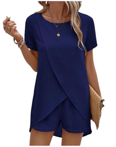 Kicikol Keppal Womens Clothing 2piece Sets, Keppal Womens Clothing 2piece Short Sets Older Women, Casual Sets-Dark Blue||3XL