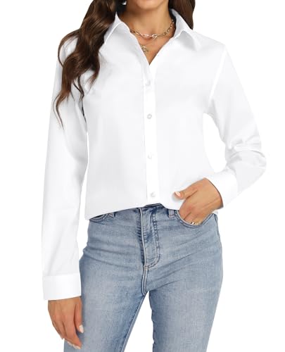 J.VER Women's Button Down Shirts Long Sleeve Cotton Solid Work Blouses for Business Office Dating White Large