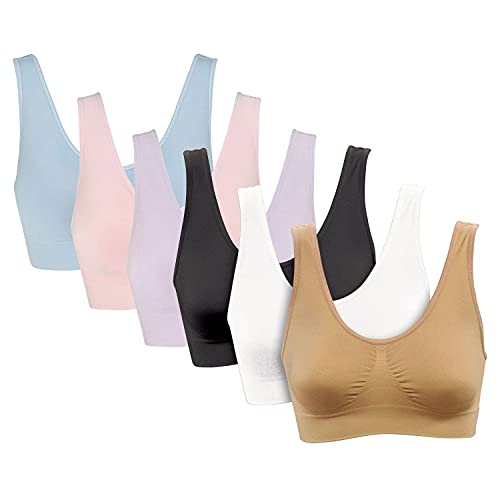 Genie Bra Womens 6 Pack - Wireless Bra for Women, Solid Color Seamless Bra - Black, White, Beige, Lavender, Pink, Blue - XL