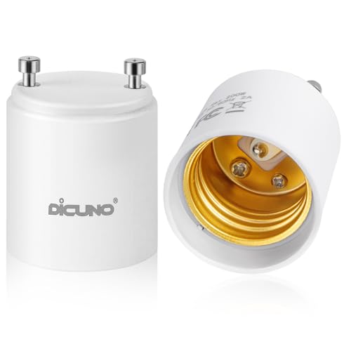 DiCUNO GU24 to E26 Adapter, 160℃ Heat Resistant, Maximum Wattage 200W, GU24 Pin Base to E26 Standard Medium Base Socket Converter, GU24 Adapter, 2-Pack