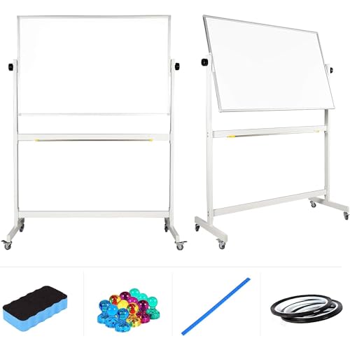 Flybold Rolling Whiteboard with Stand 48x32' Large - Portable White Board on Wheels Double Sided - Wall Mount or Mobile Dry Erase Board with Accessories for Home Office Presentation, Writing, Coaching