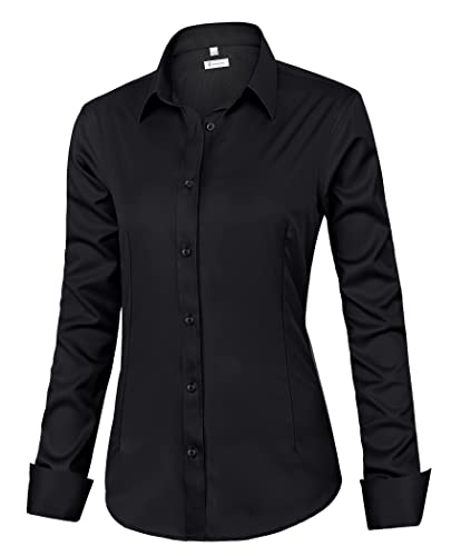 siliteelon Womens Classic-Fit Dress Shirts Long Sleeve Button Down Wrinkle-Free Stretch Solid Casual Work Office Blouse Top Black Medium