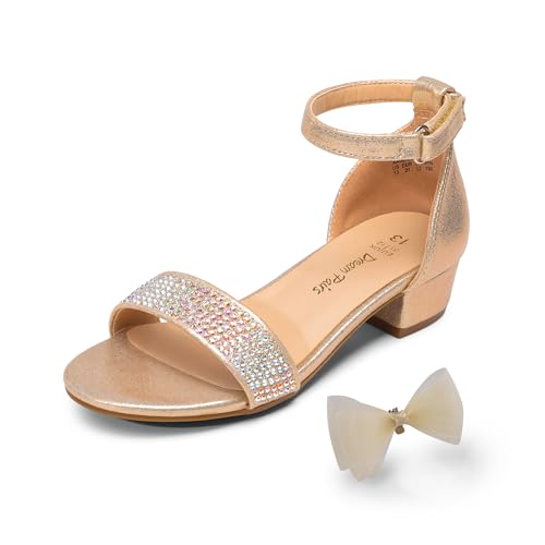 DREAM PAIRS Girls Sandals Low Heel Dress Pump Ankle Strap Interchangeable Bow Flower Wedding Party Shoes SDSD2320K GOLD Size 1 Little Kid