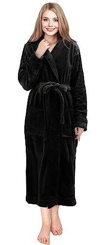 NY Threads Women Fleece Shawl Collar Bathrobe Plush Long Robe, Large, Black