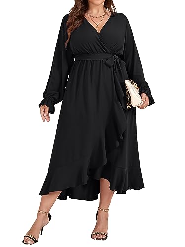 SCOMCHIC Women Plus Size Cocktail Dress Long Sleeve Wrap Solid V Neck Ruffle Split Black Cocktail Dress 2XL