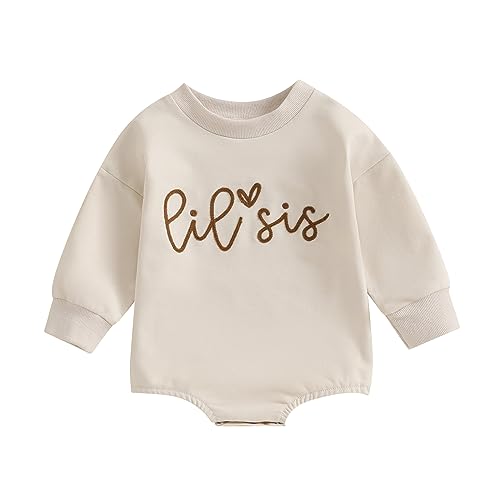 YINGISFITM Toddler Baby Girl Clothes Long Sleeve Pullover Sweatshirt Romper Fall Winter Cute Sister Brother Matching Outfits (Little Sister Onesie Beige, 0-3 Months)