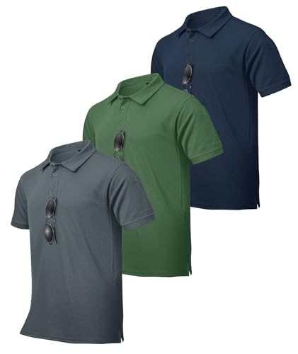 ZITY Men's Classic Polo Shirt Short Sleeve Lightweight Golf Shirts Casual Performance T-Shirts 3 Pack GreyNavyArmyGreen-XL