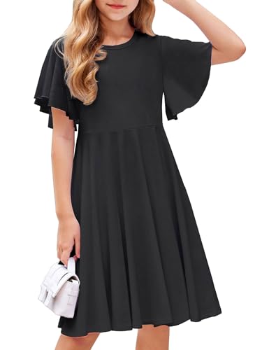 Arshiner Girl Dress Flutter Sleeve Plain Classic Swing Skater Black A-Line Tunic Dress Special Occasion Dresses Size 10 with Pockets Girl Dresses Size 10-12