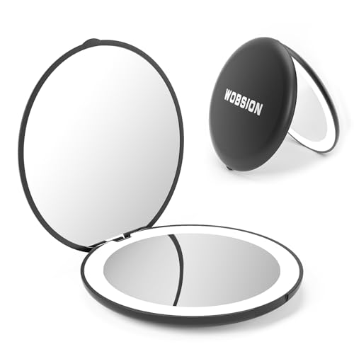 wobsion Magnification Led Compact Mirror, 1x/10x with Light,Handheld 2-Sided Pocket Mirror,Travel Makeup Mirror,3.5in for Purses,Small Mirror for Handbag,Black