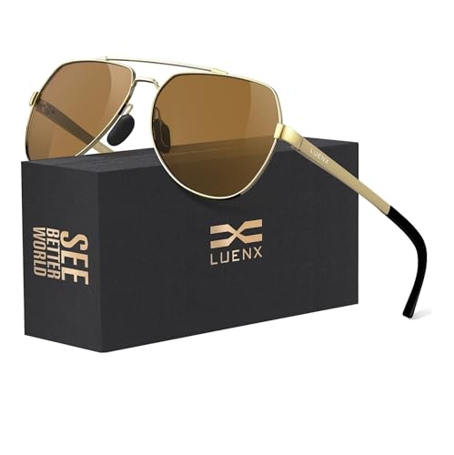 LUENX Men Women Aviator Sunglasses Polarized Shades Flexible Spring Hinge - Brown Lens Gold Metal Frame Large 60mm