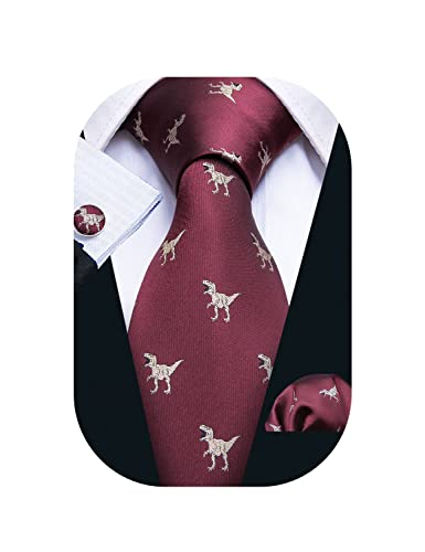 Barry.Wang Burgundy Tie Set Silk Tie Pocket Square Cufflinks Dinosaur Pattern