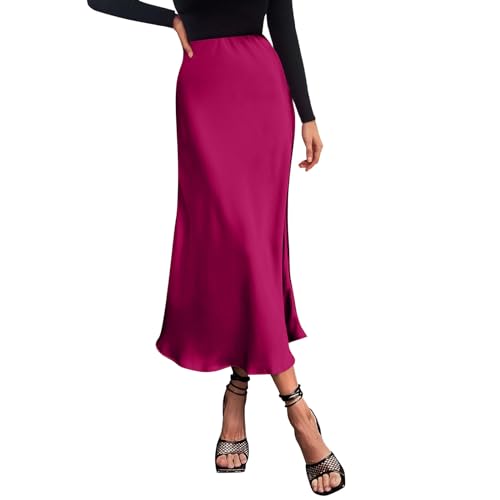 My Orders Placed Long Skirts for Women Silk Satin Bodycon High Waisted Midi Skirt 2024 Fall Winter A Line Cocktail Party Dress Skirt Business Work Casual Clothes Maternity Skirt(A-Hot Pink,Large)