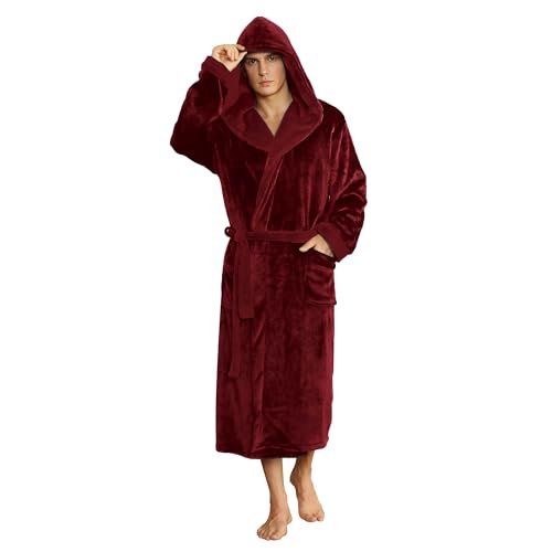 U2SKIIN Mens Fleece Hooded Robe Plush Bathrobe (Wine Red, 2XL/3XL)