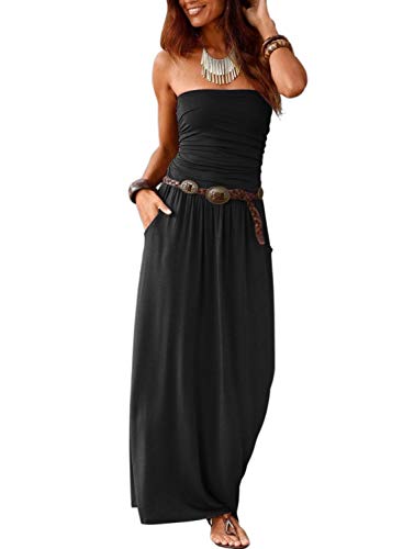 Alaster Queen Women’s Strapless Bandeau Summer Long Floral Dress Off Shoulder Beach Maxi Dress with Pockets (Black, Large(US12-14))