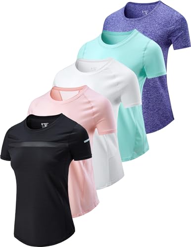 5 Pack Women's Quick Dry Short Sleeve T Shirts, Athletic Workout Tee Tops for Gym Yoga Running (Set 2, Medium)