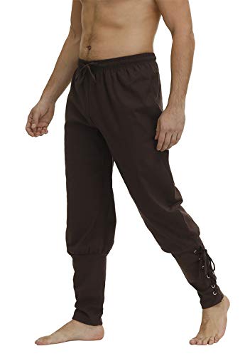 Men's Ankle Banded Cuff Renaissance Pants Medieval Viking Navigator Trousers Pirate Cosplay Costume with Drawstrings Brown-2XL