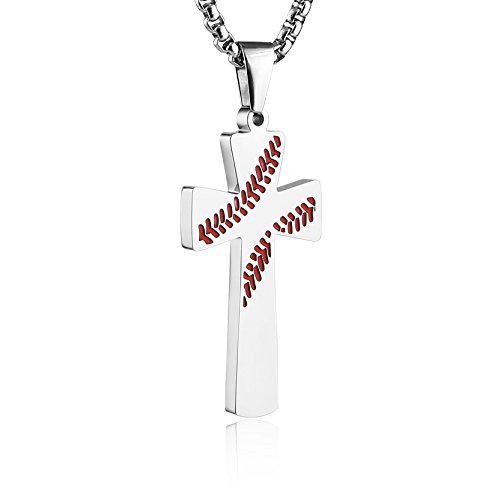 HZMAN Baseball Cross Pendant, I CAN DO ALL THINGS STRENGTH Bible Verse Stainless Steel Necklace (Silver)