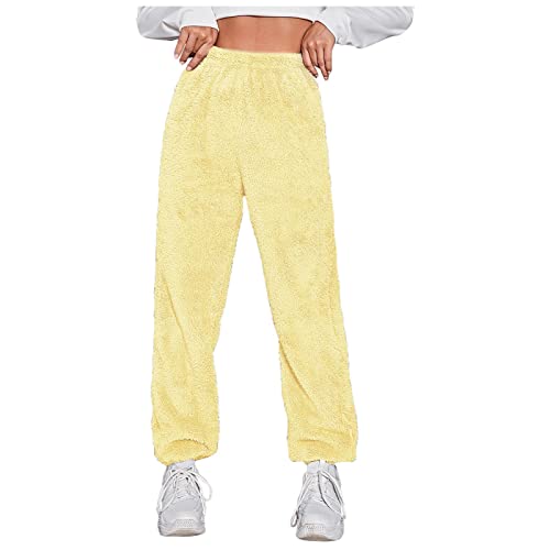 Womens Winter Elastic Thickened Plush Solid Color Thermal Full Length Loose Comforting Warm Jeans for Women (YE1, XL)