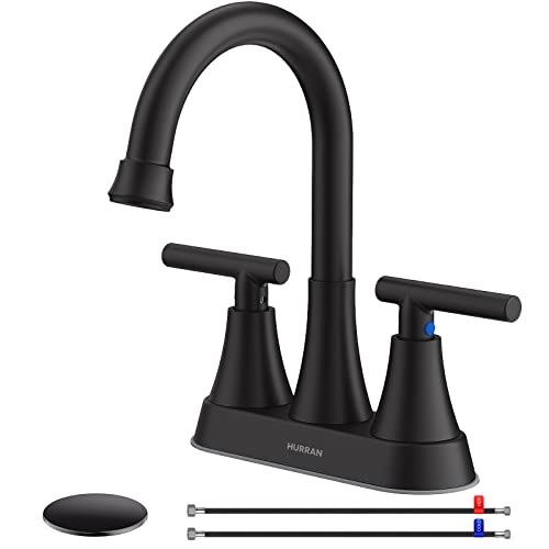 Bathroom Faucets for Sink 3 Hole, Hurran 4 inch Matte Black with Pop-up Drain and 2 Supply Hoses, Stainless Steel Lead-Free 2-Handle Centerset Faucet for Sink Vanity