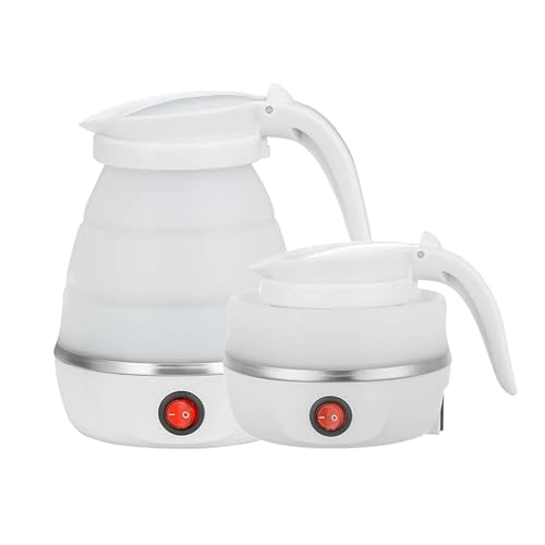 Foldable Electric Travel Kettle-Portable and Convenient Food Grade Silicone Collapsible Water Boiler and Tea Pot for Camping - Easy Storage with Detachable Power Cord （White）