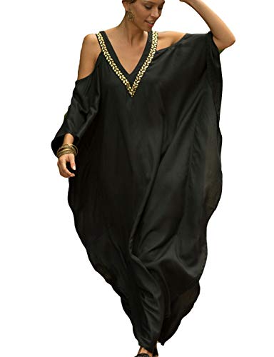 Bsubseach Women Cold Shoulder V Neck Plus Size Bikini Swimsuit Cover Ups Beach Maxi Dress Black