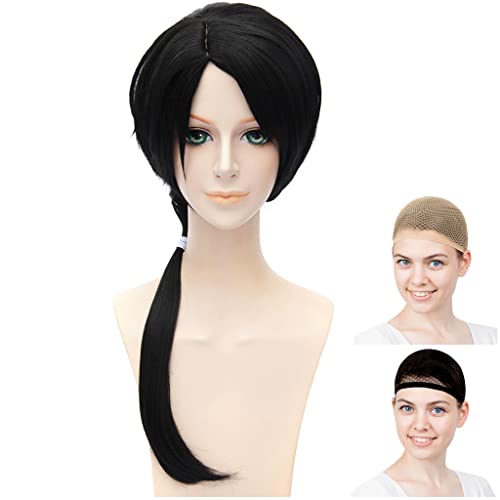 CaseEden Cosplay Wig, Touken Ranbu, Kiyomitsu Kashu, Black Hair, Black, Long, White Merce Wig Net, Set of 2