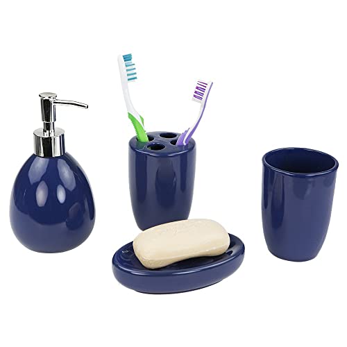 4-Piece Ceramic Bathroom Set (Navy), By Home Basics | Contemporary Design Bathroom Sets | Bath Accessories For Bathroom | Includes Soap Dish, Tumbler, Toothbrush Holder, and Lotion Dispenser