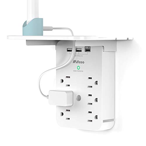 Wall Outlet Extender with Surge Protector, 6 AC Outlets, Shelf, 2 USB & USB C Charging Ports - Home & Dorm Plug Expander