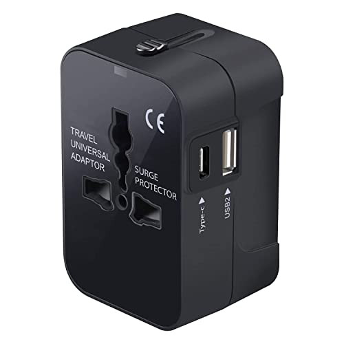 Portable Worldwide Universal Power Adapter Converter All in One International Wall Charger Plug for Wall Plug Input in USA EU UK France Italy Australia India Outlets (with USB-A and USB-C)