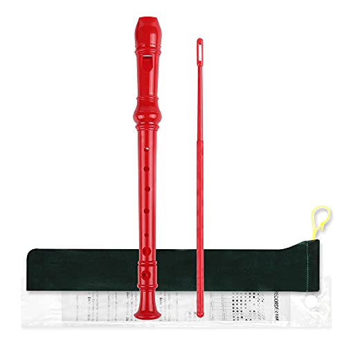 Mr.Power Soprano Recorder German Style C Key for Beginner Student Music Class 3 Piece ABS With Fingering Chart + Cleaning Stick + Carrying Bag (Red)