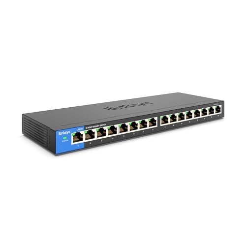Linksys LGS116 16 Port Gigabit Unmanaged Network Switch - Home / Office Ethernet Switch Hub with Metal Housing - Wall Mount or Desktop Ethernet Splitter, Easy Plug & Play Connection
