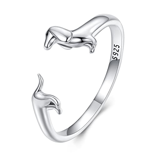 MUNDELL 925 Sterling Silver Cute Dachshund Open Rings Puppy Dog Adjustable Rings for Women Animal Stacking Rings Statement Rings Fine Jewelry