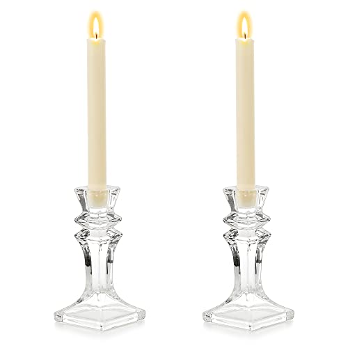 Romadedi Candlestick Holders Crystal Glass: Taper Candle Holder Set of 2 Clear Elegant Design Coffee Dinning Table Home Decoration Centerpiece for Wedding Party Christmas, 6.6 inch