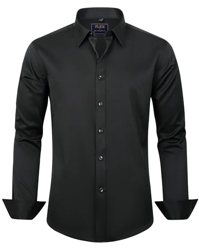 J.VER Men's Dress Shirts Solid Long Sleeve Stretch Wrinkle-Free Shirt Regular Fit Casual Button Down Shirts Black Medium