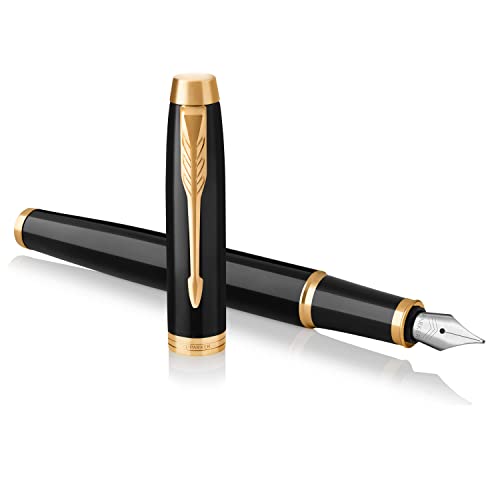 Parker IM Fountain Pen, Black Lacquer with Gold Trim, Fine Nib with Blue Ink Refill, Gift Box