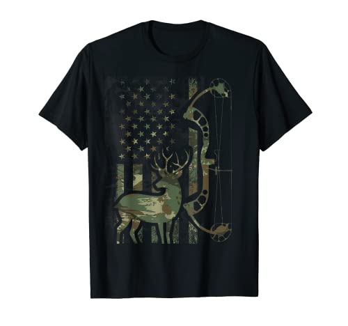 Camo American Flag Buck Hunting Shirt Men Recurve Bow Hunter T-Shirt