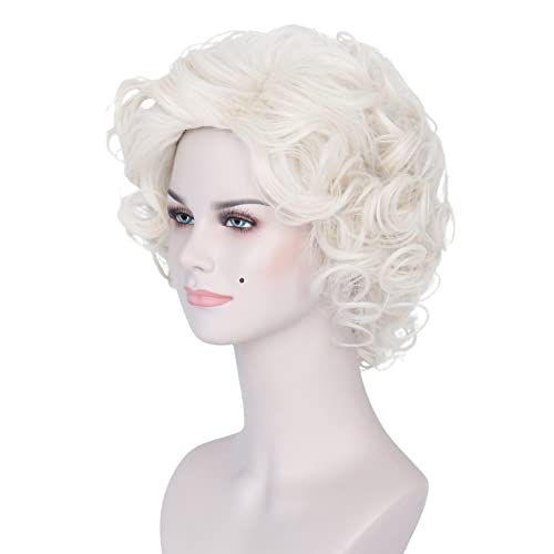 Yan Dream Platinum Blonde Short Curly Wig Old Lay Wig Natural Wavy Heat Resistant Synthetic Cosplay Costume Halloween Bob Wig