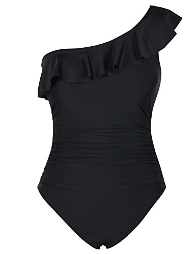 Hilor Women's One Piece Swimsuits One Shoulder Swimwear Asymmetric Ruffle Monokinis Bathing Suits Black 10