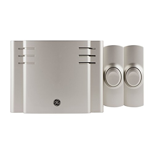 GE Wireless Doorbell Kit, Battery Operated 1 Receiver, 2 Push Buttons Door Bell, 8 Melodies Doorbell Chime, 4 Volume Levels, Classroom Doorbell, 150 Ft Range, Satin Nickel, 30393
