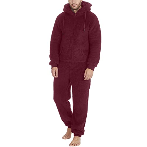 ZOOJINFAR Mens Onesie Plush Warm Fleece Hooded Pajama Big and Tall Holiday Adult Cozy Jumpsuit Sleepwear Homewear S-5XL Wine