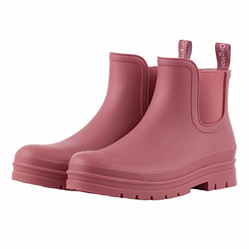 planone Short rain boots for women waterproof size 6 Hawthorn Red garden shoes anti-slipping chelsea rainboots for ladies comfortable insoles stylish light ankle rain shoes matte outdoor work shoes