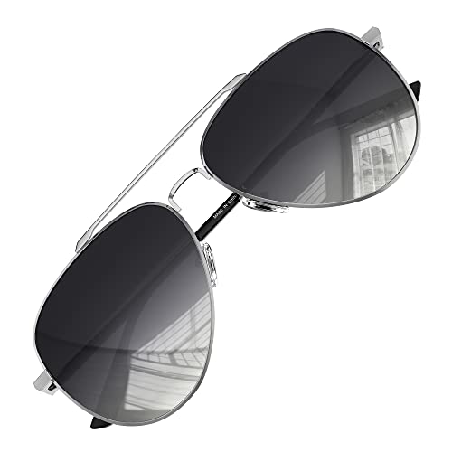 LUENX Aviator Sunglasses for Mens Womens Polarized Driving Shades Gradient Black Lens Metal Silver Frame 60mm UV400 Protection Classic Style