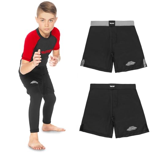 Elite Sports Kids MMA BJJ No GI UFC Grappling Jiu Jitsu Shorts, Black Jack Youth Boys MMA Training Grappling Training Shorts (Medium, Black)